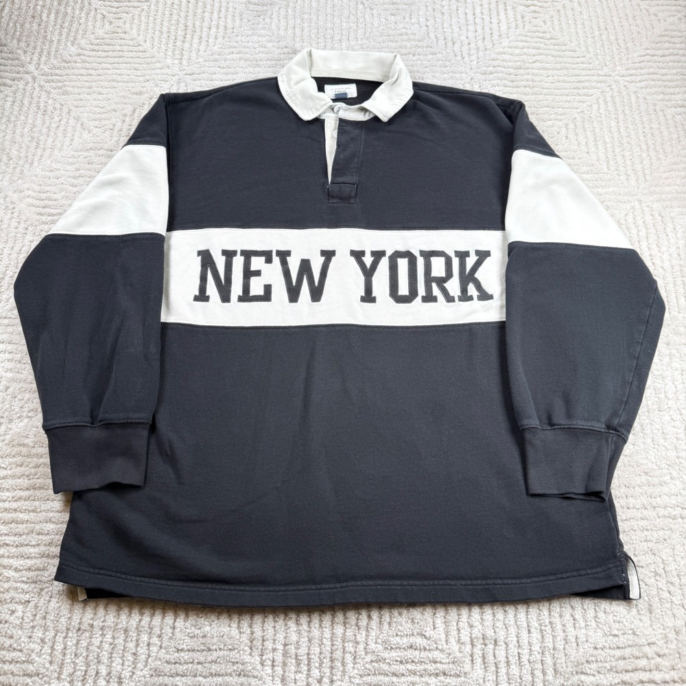 American Eagle Rugby Sweatshirt Men M Black New York Spell Out Collegiate Preppy